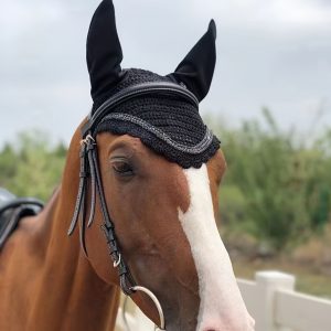 3D Bling Rhinestone Decorated Horse Ear Bonnet, Crochet Equestrian Fly Veil, Breathable Horse Hood With Ears For Riding Performance